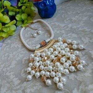 Pearl and Crystal Bib Necklace Earrings Set
